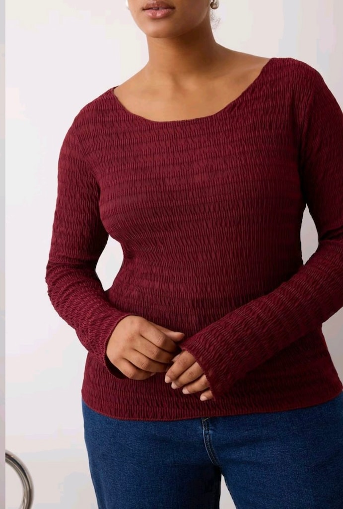 Bordo Renkli Dokulu Tül Esnek Örme Büyük Beden Bluz 4XL / 48 - 6