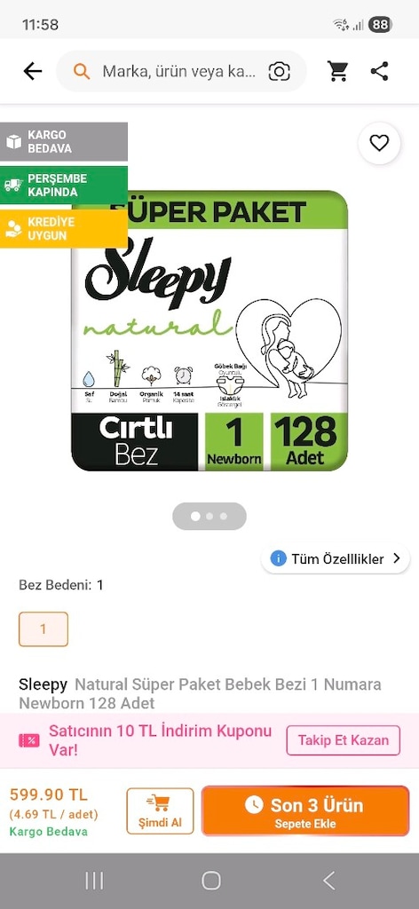 Sleepy Natural 1 Numara Bebek Bezi 126 adet - 2