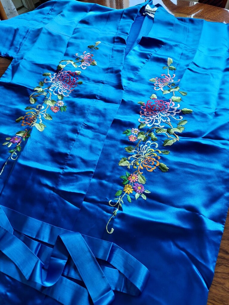 Orijinal Vintage %100 Saf İpek El İşlemeli Mavi Kimono - 4