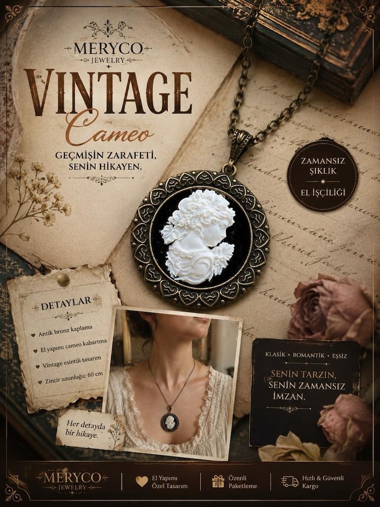 Vintage Cameo büyük boy kolye - 3