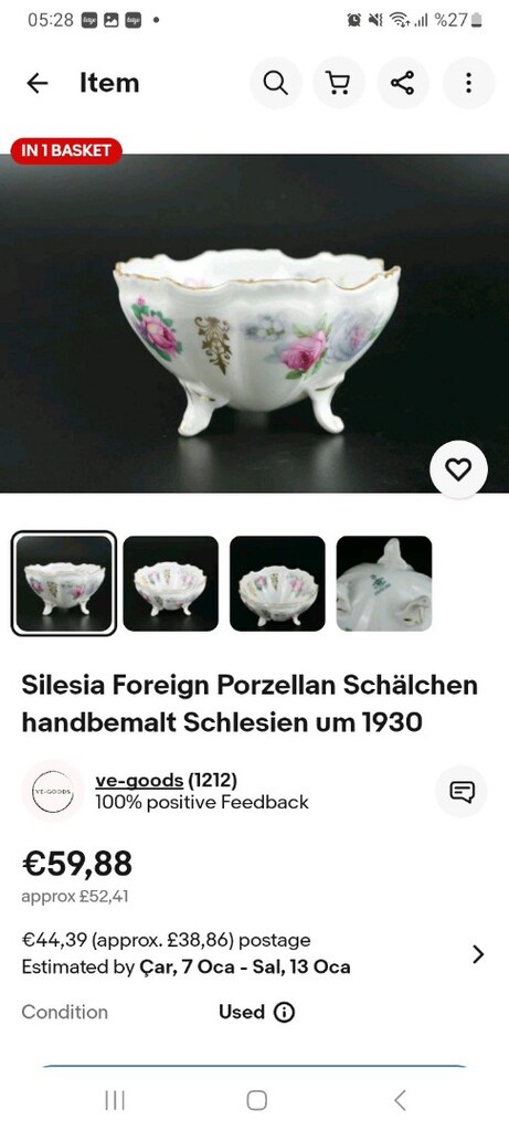 Vintage Silesia German Porcelain Tri-footed Floral Candy Dish Scallope - 4