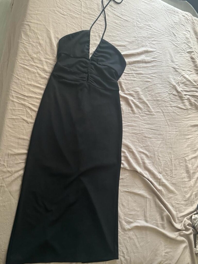 BERSHKA siyah elbise midi ipli halter yaka - 5