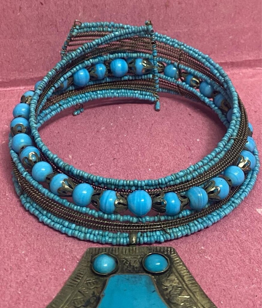 Vintage El İşçiliği Mavi Cam Boncuklu Choker ( Tasma ) Kolye - 15