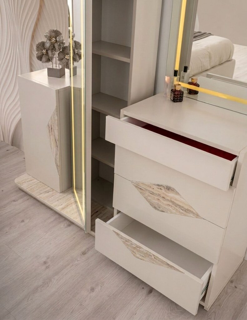 Sıfır,%100 MDF, LED Aydınlatmalı 6 Kapılı Gardırop- kum beji,Traverten - 10