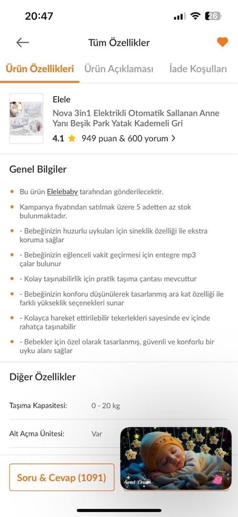 Elele Nova 3in1 Elektrikli Otomatik Sallanan Anne Yanı Beşik - 10