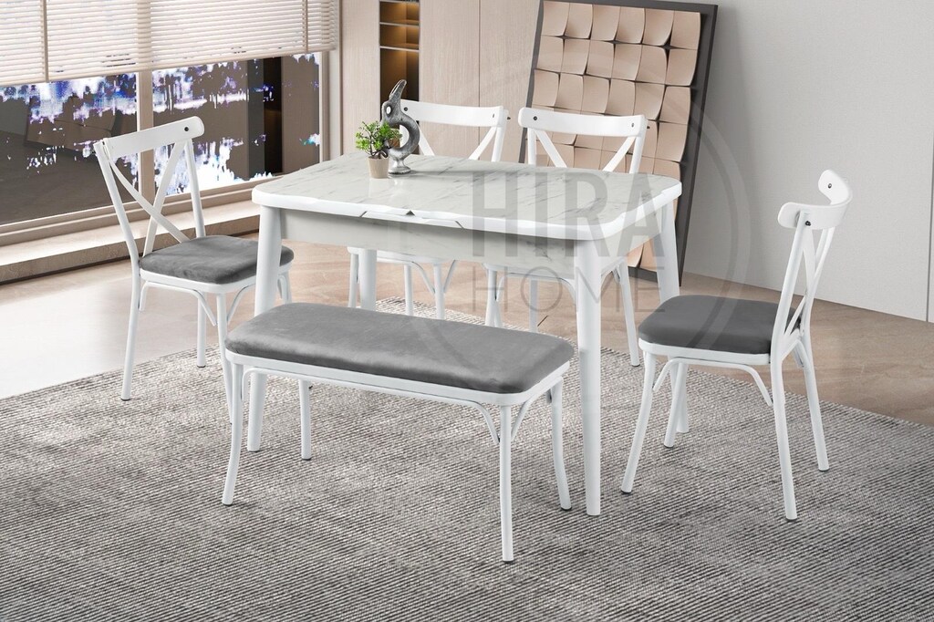 İkon Masa Sandalye Takımı - HighGloss Marmo/Beyaz