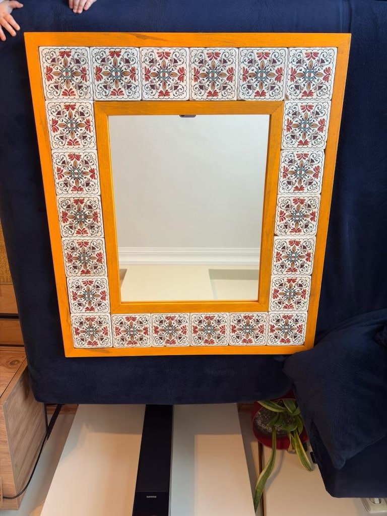 Yellow Vintage Ahşap Çerçeveli Traverten Taşlı Ayna - 4