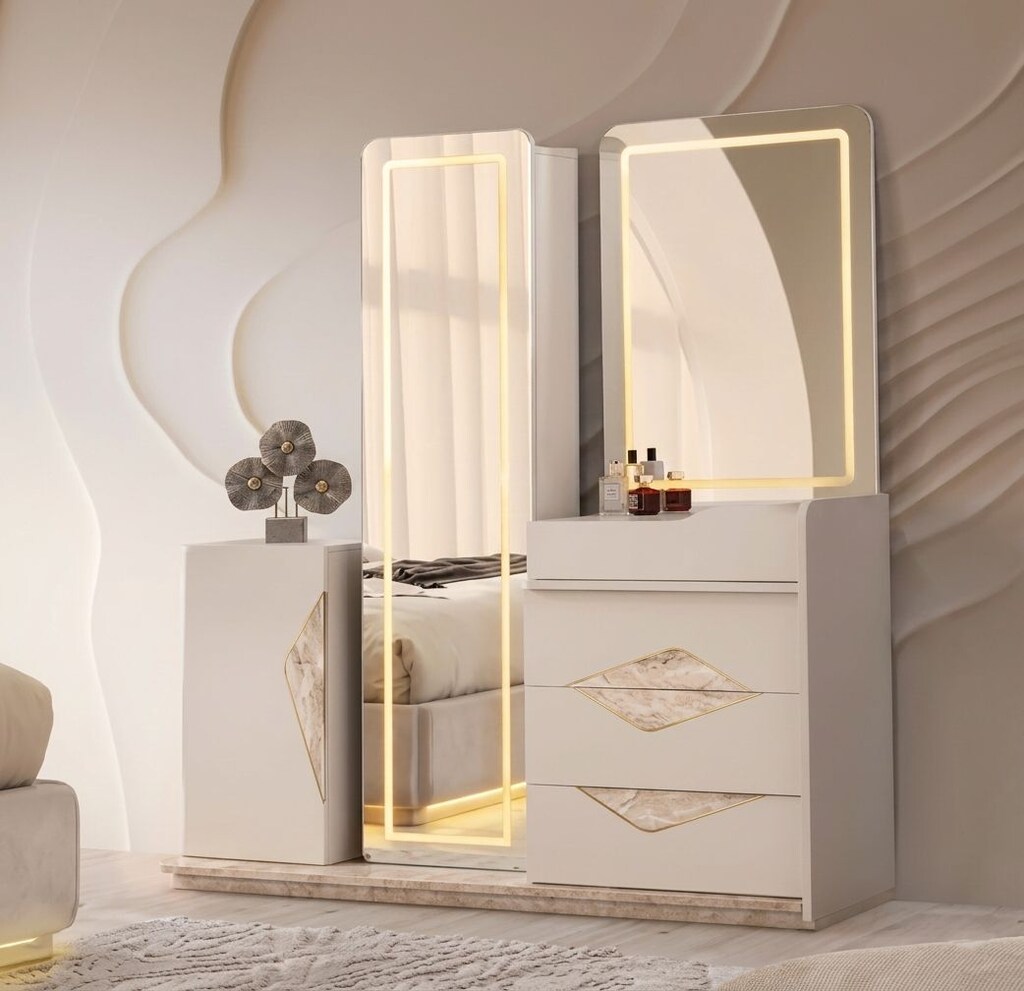 Sıfır,%100 MDF, LED Aydınlatmalı 6 Kapılı Gardırop- kum beji,Traverten - 12
