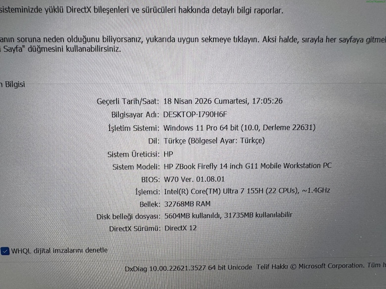 HP ZBOOK ULTRA 7 İŞLEMCİ 32 GB RAM 1 TB M2SSD RTX A500 - 7