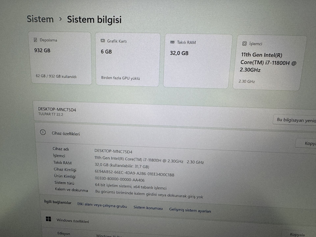 MONSTER TULPAR İ7 11. NESİL 32 GB RAM 1 TB NVME RTX 3060 - 4