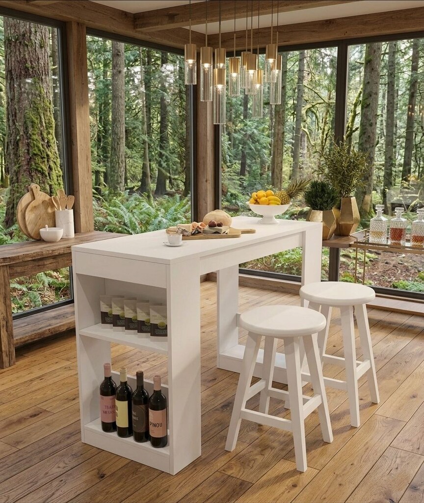 Sıfır , %100 MDF , Bar Masası / Çok Amaçlı Raflı Mutfak Masası - Beyaz - 5