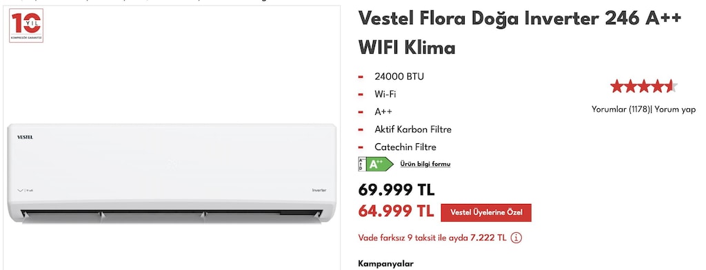 Vestel Flora Doğa 24000 BTU WiFi Inverter Duvar Tipi Split Klima - 6