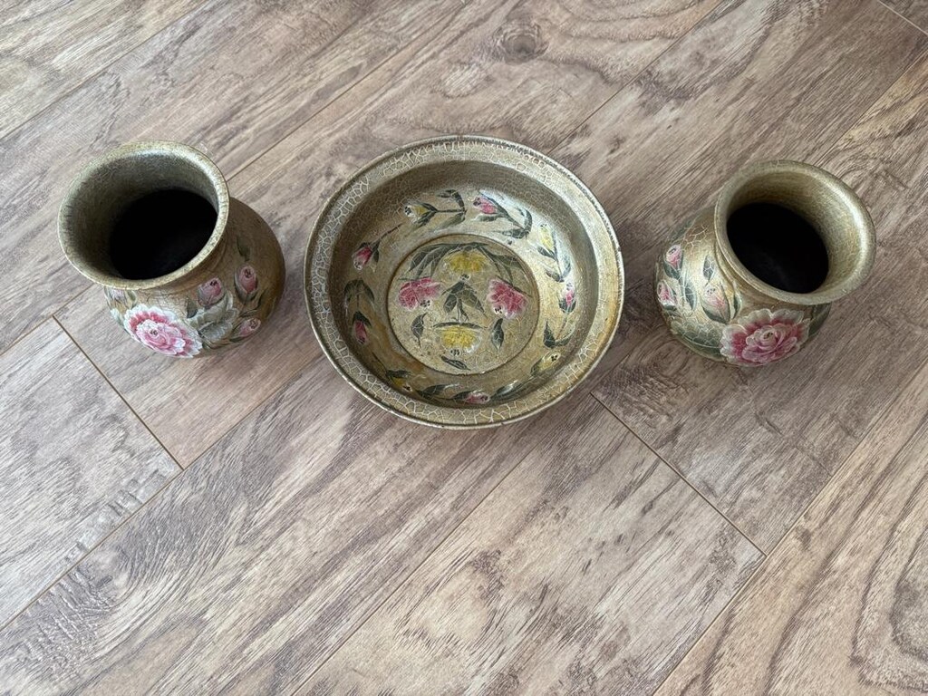 El boyaması bakır vazo ve tabak seti - 3