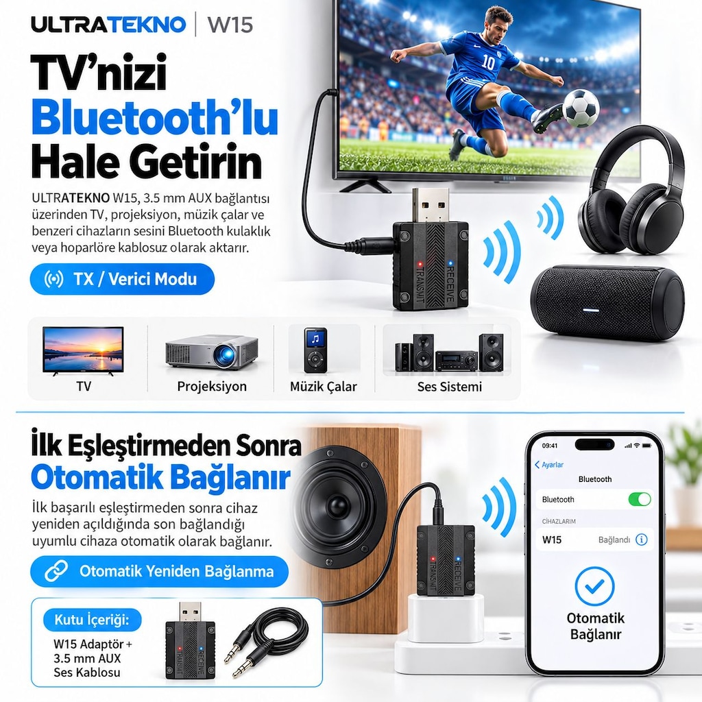 W15 Bluetooth 5.3 AUX Alıcı Verici RX TX Araç TV PC Ses Adaptörü - 3