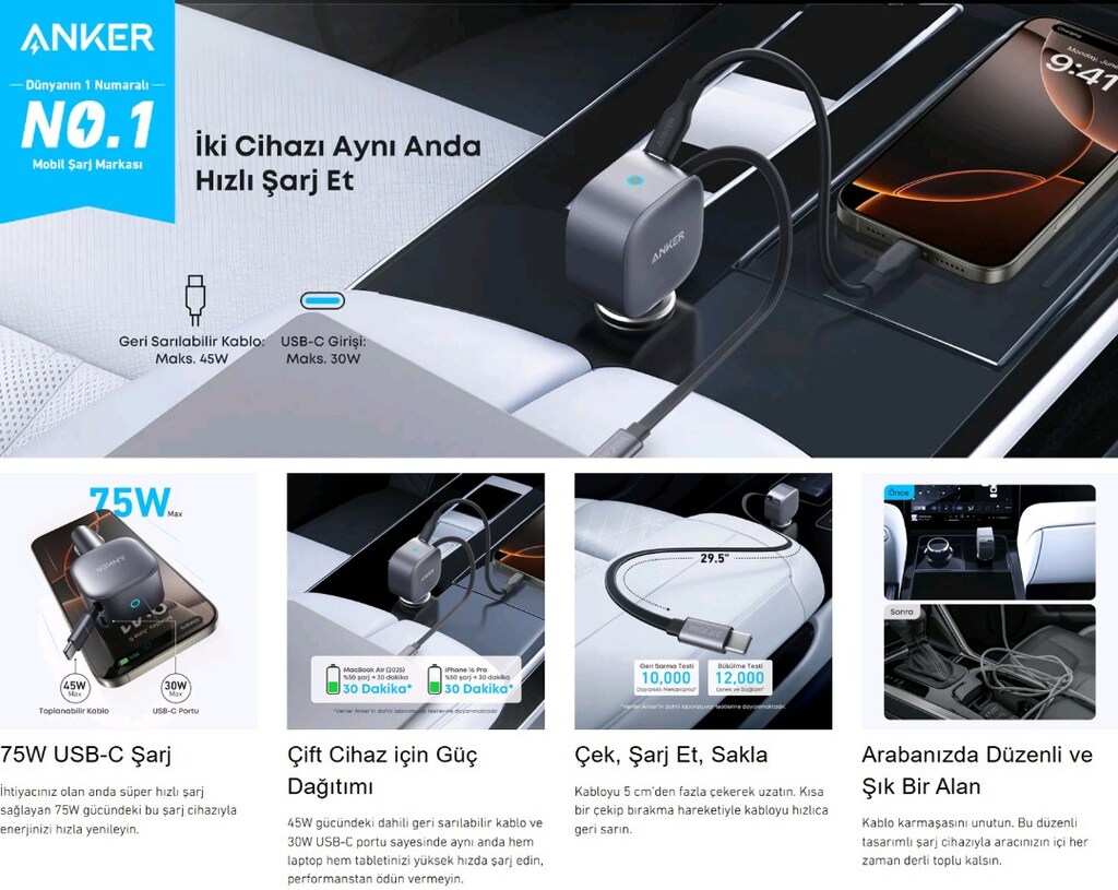 Anker 75W Nano A2738 ●(45W+30W) Type-C Kablolu Hızlı Araç Şarj Aleti - 3