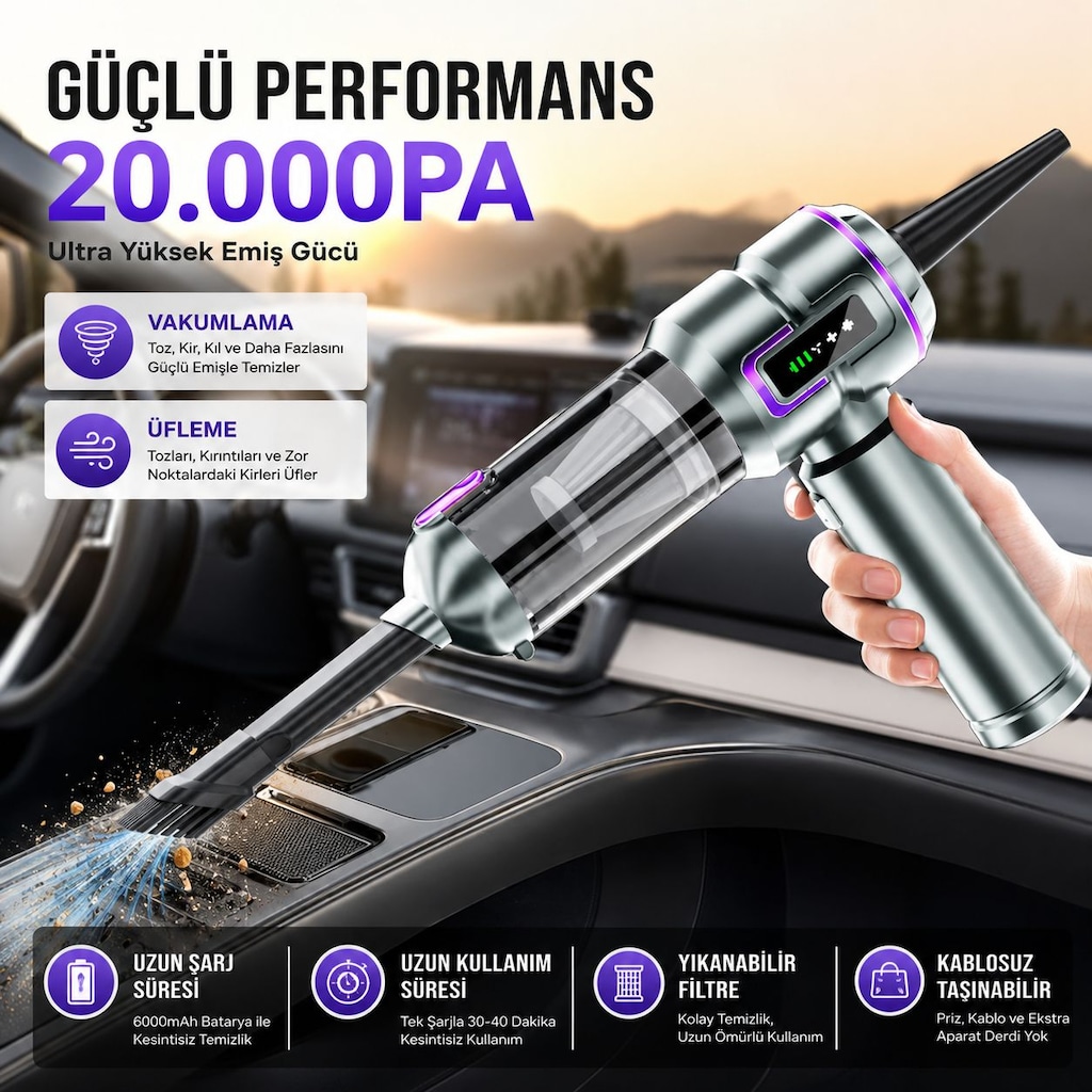 Orijinal 20.000PA Şarjlı Araç Süpürgesi Göstergeli 100W Süper Güç - 5