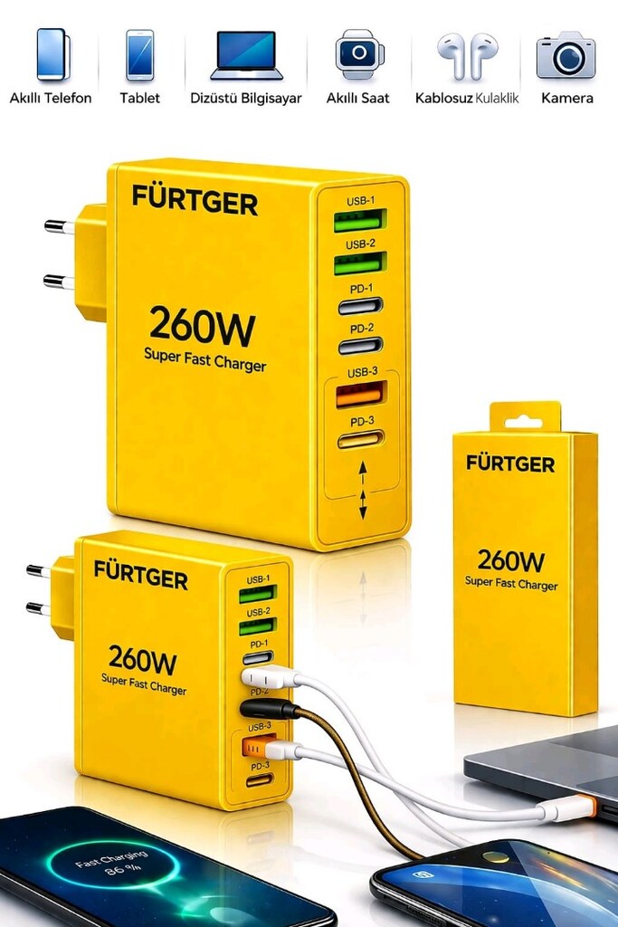 fürtger 6 portlu çok kullanımlı şarj aleti 3 renk 25 w - 2