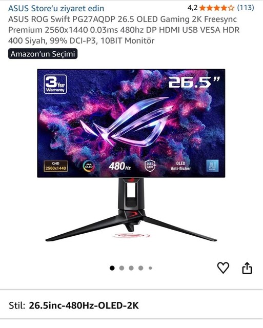 ASUS ROG Swift PG27AQDP 26.5 OLED Gaming Monitör