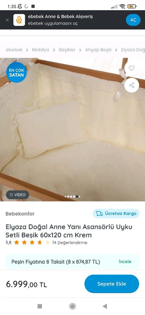 Elyaza Doğal Anne Yanı Asansörlü Uyku Setli Beşik 60x120 cm Krem - 5