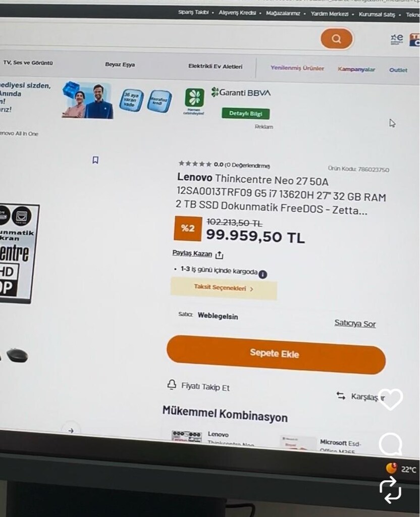 lenovo thinkcare 50a i7 13. nesil 32gbram-16gb e.kartı 2tbhdd-27”fhd - 2