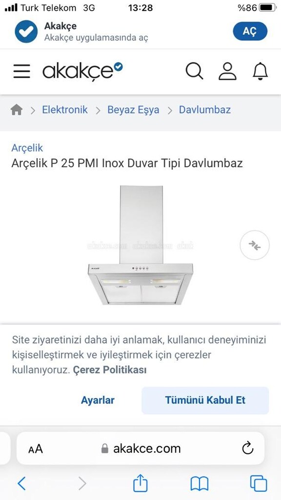 ARÇELİK P25 INOX ANKASTRE ASPİRATÖR. Fiyatı 4250.-tl - 3