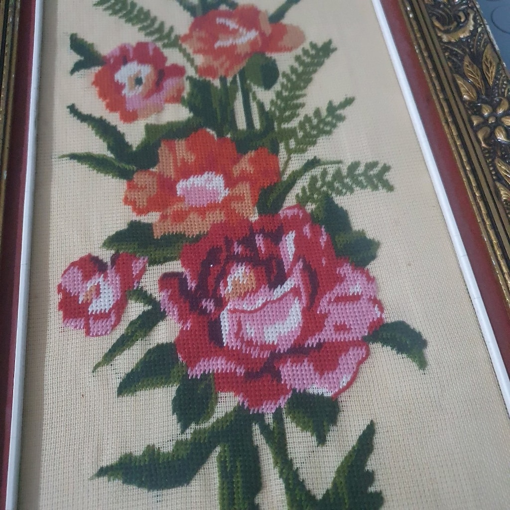 Vintage Alman Ahşap çerçeveli ve Camlı Goblen tablo - 5