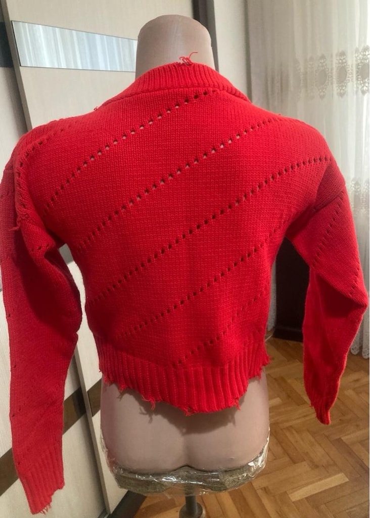 y2k Kırmızı Taş Düğmeli Yırtıklı Crop Hırka - 8