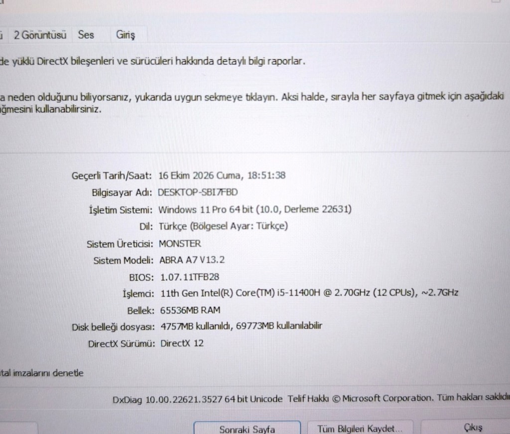 MONSTER / 64 RAM / 1 TB SSD / RTX 3050Tİ / 144 HZ / 17.3" BÜYÜK EKRAN - 9