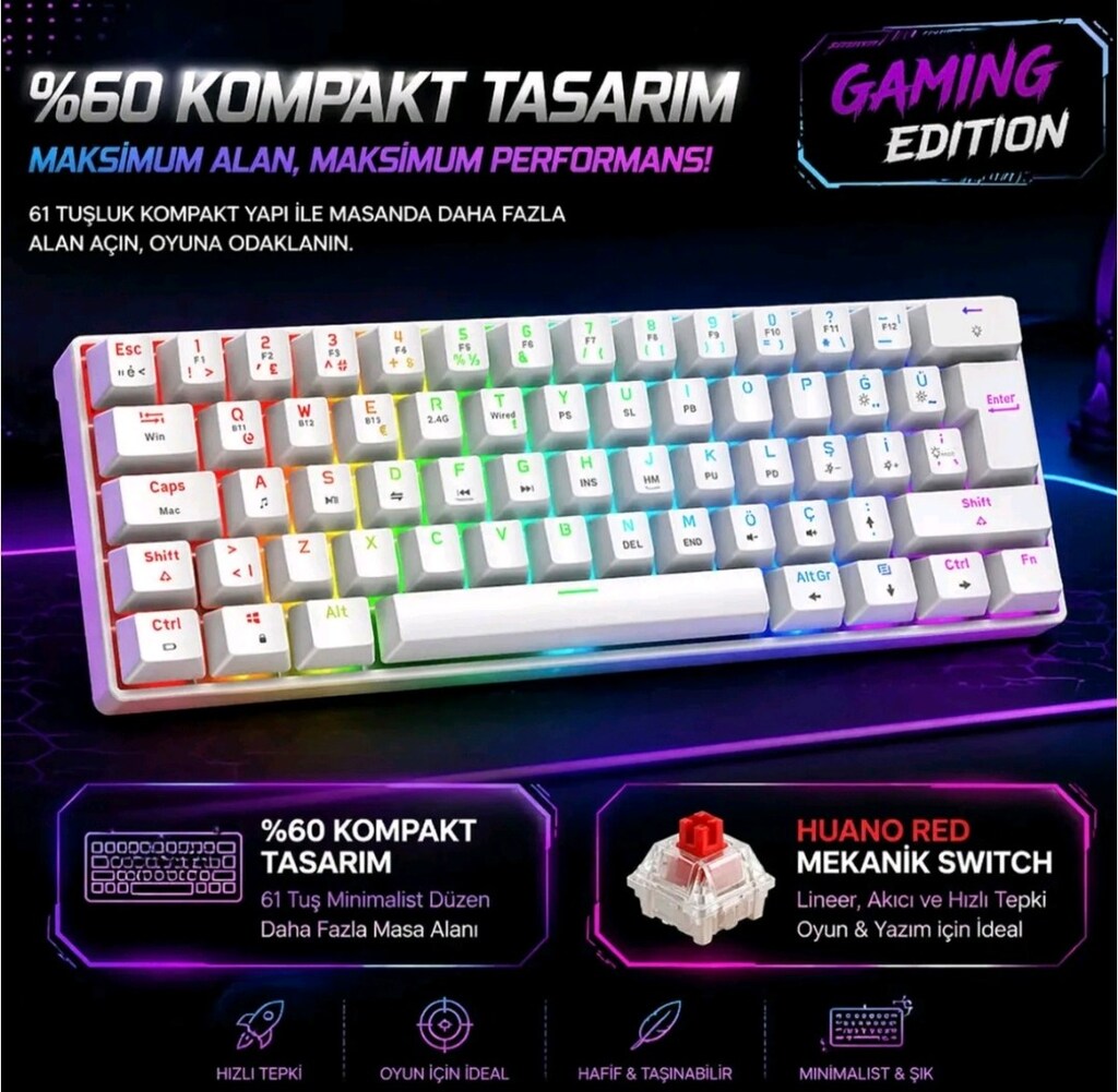Gravion Kyra MK61 bluetooth+2.4G+kablolu mekanik gaming klavye - 4