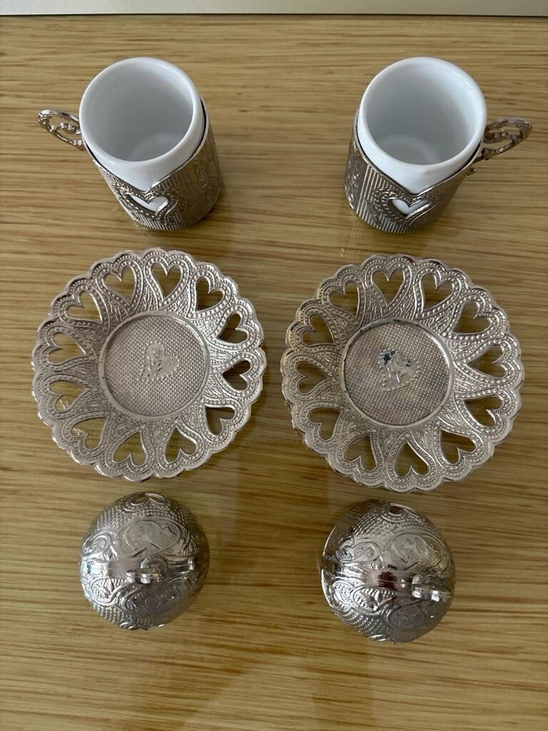 Osmanlı 2’li bakır kahve fincan takımı, damat fincan seti, gümüş renkl - 5