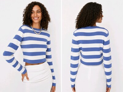 Lila / Mavi Çizgili Crop Triko Kazak L Beden