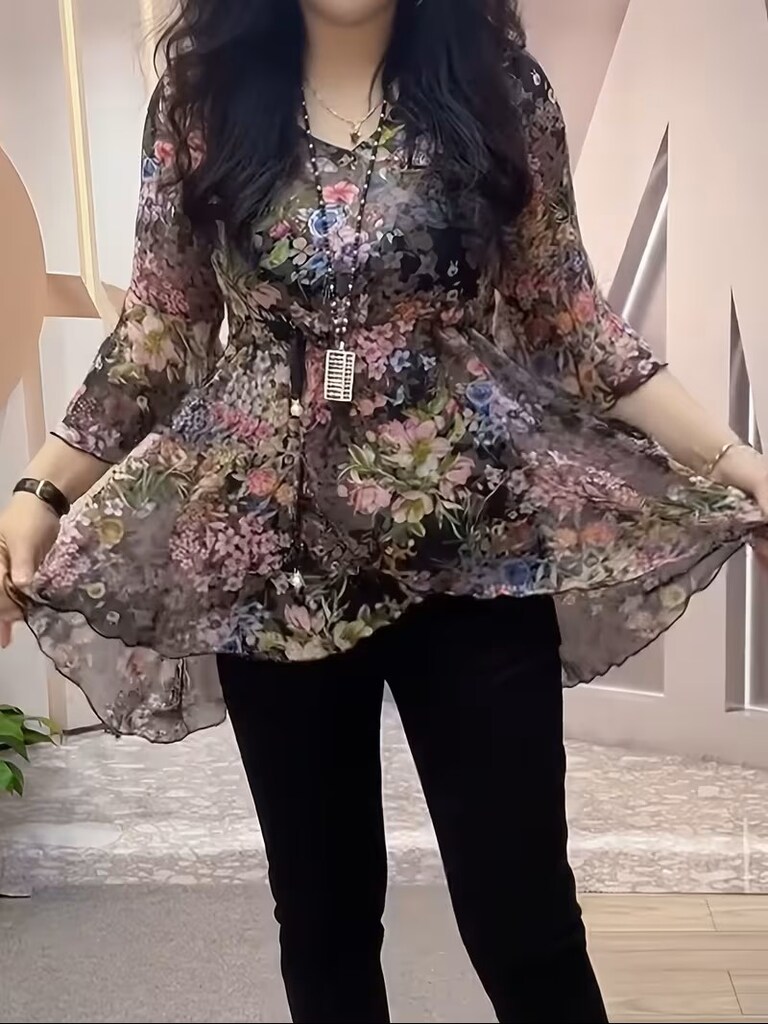 B076 Çiçek Desenli İpli Büzgülü Bel Şifon Gömlek Fırfırlı Kollu V Yaka - 3