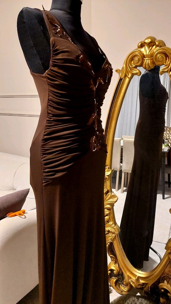 Koyu kahve likralı drape güpür tasarım abiye - 6