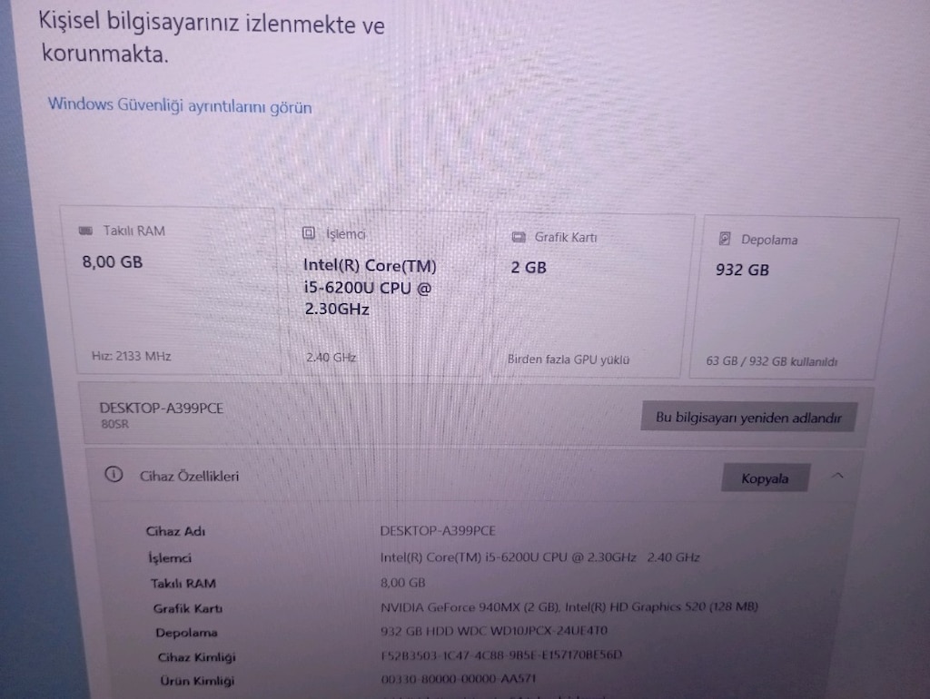 Lenovo Çift Ekran Kartlı I5 işlemci 8Ram 1Tb SSHD 2Gb Nvidia Gt940MX - 8