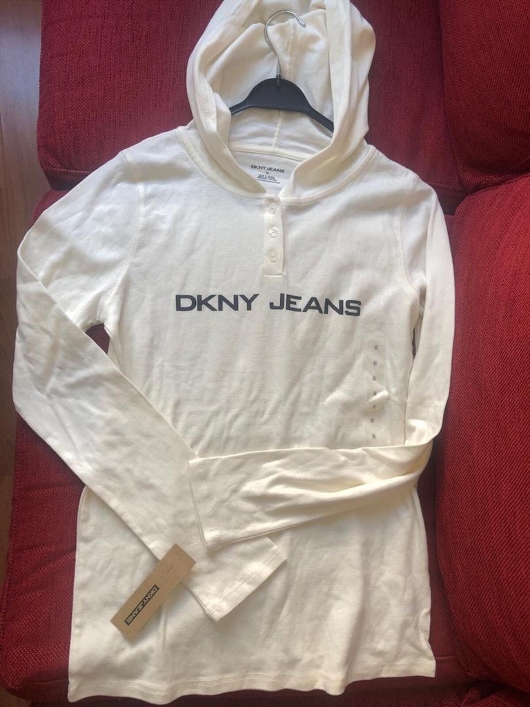Orijinal DKNY kapüşonlu ekru krem sweatshirt - 9