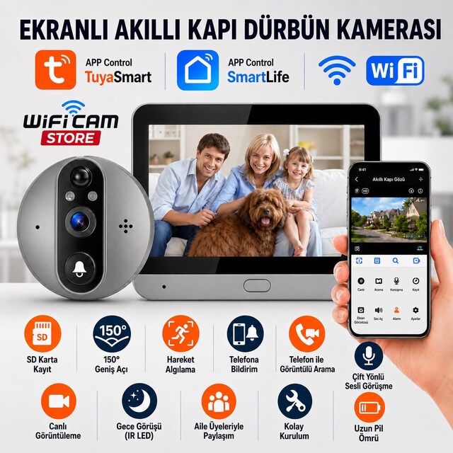 Tuya Smart Ekranlı Akıllı Kapı Dürbün Kamerası