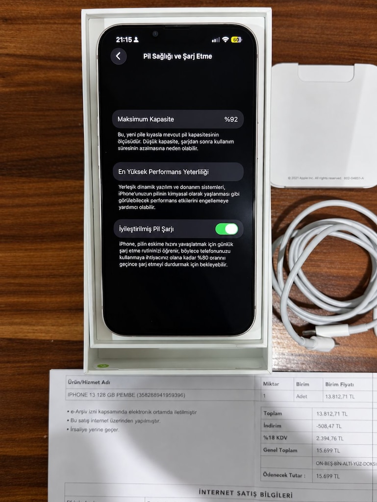 iPhone 13 Pembe 128 GB Yurt içi Kutu faturalı Sıfırdan Farksız Pil 92 - 6