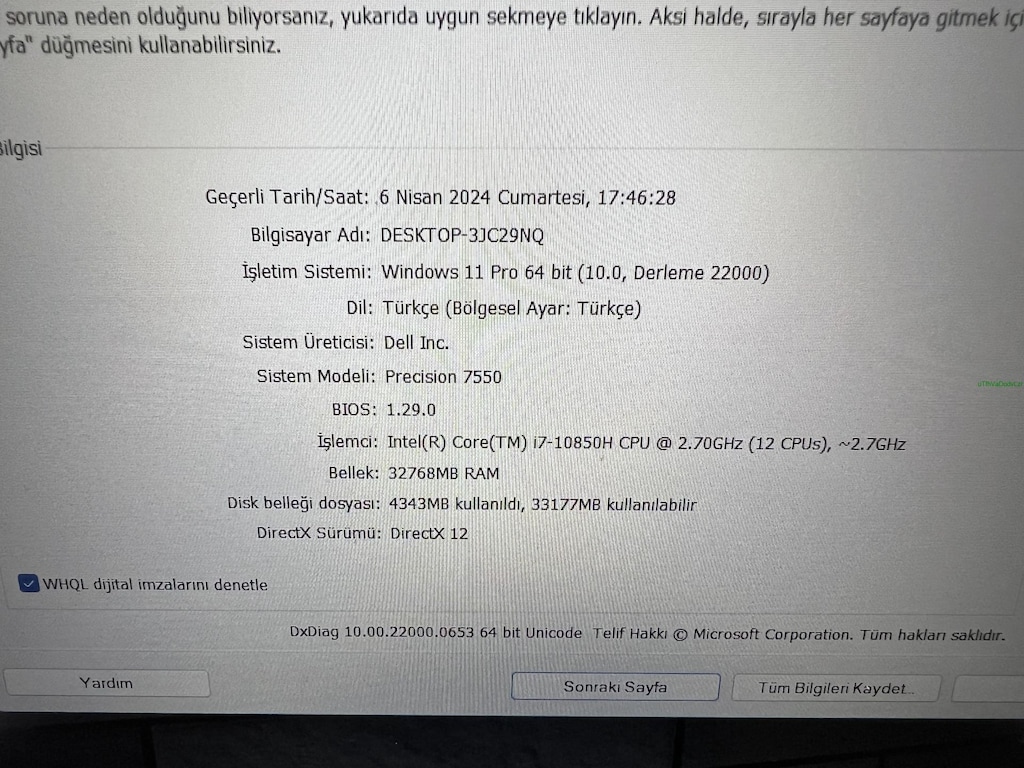 DELL PRECISION İ7 10. NESİL 32 GB RAM 512 M2SSD RTX 3000 - 7