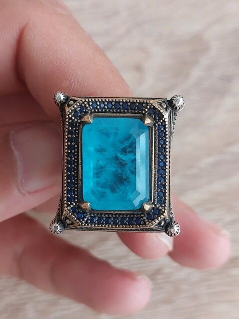 Paraiba taşlı erkek gümüş yüzük