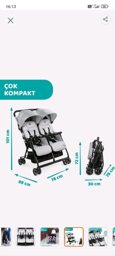 Tertemiz Kullanılmış Chicco Ohlala 2 Twin İkiz Bebek Arabası - 14