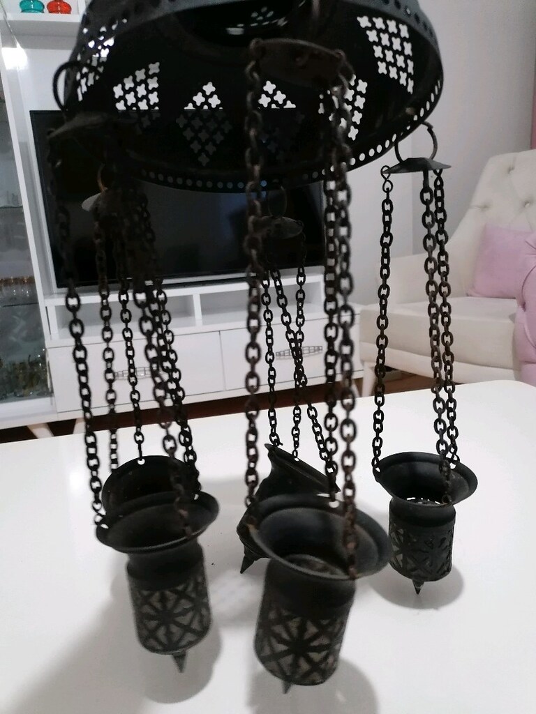 Vintage Nostaljik Dekoratif Osmanlı Tarzı 5 li Metal Zincirli Mumluk - 4