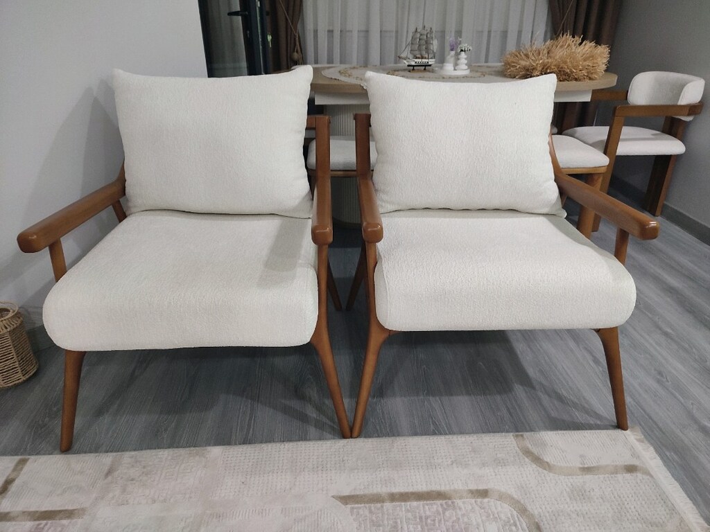 Beyaz Kumaş Ahşap Kollu 2 adet tekli - 3