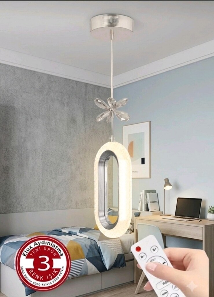 Kumandalı Modern Elips LEDli Sarkıt Avize 3 Renk - 3