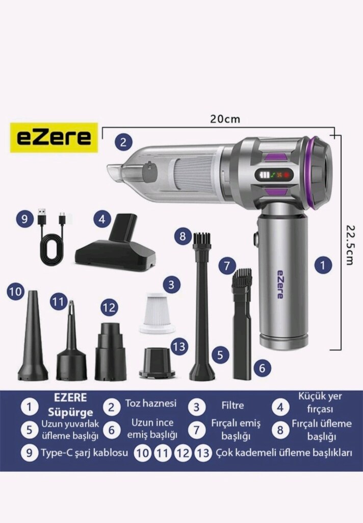 Ezere TurboVac 20000pa Güçlü Dijital Göstergeli Vakumlu Kablosuz Üflem - 3