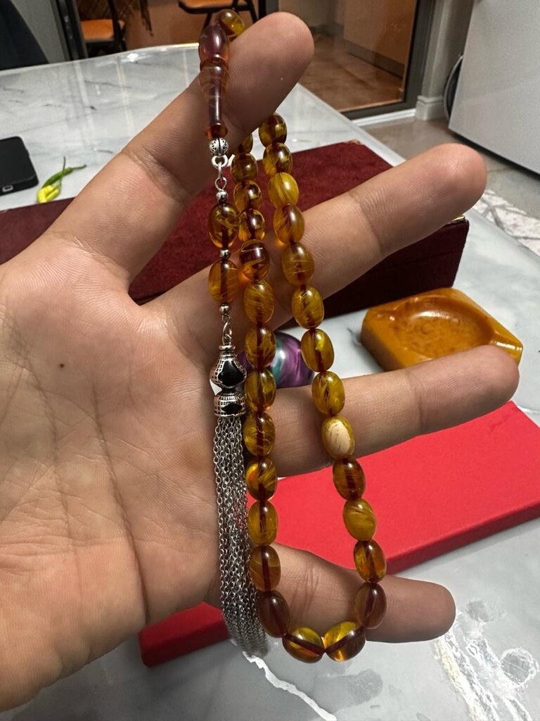 Alpaka Ağır Püsküllü Yoğun Hareli ve Sedefli Ateş-i Sıkma Kehribar - 2
