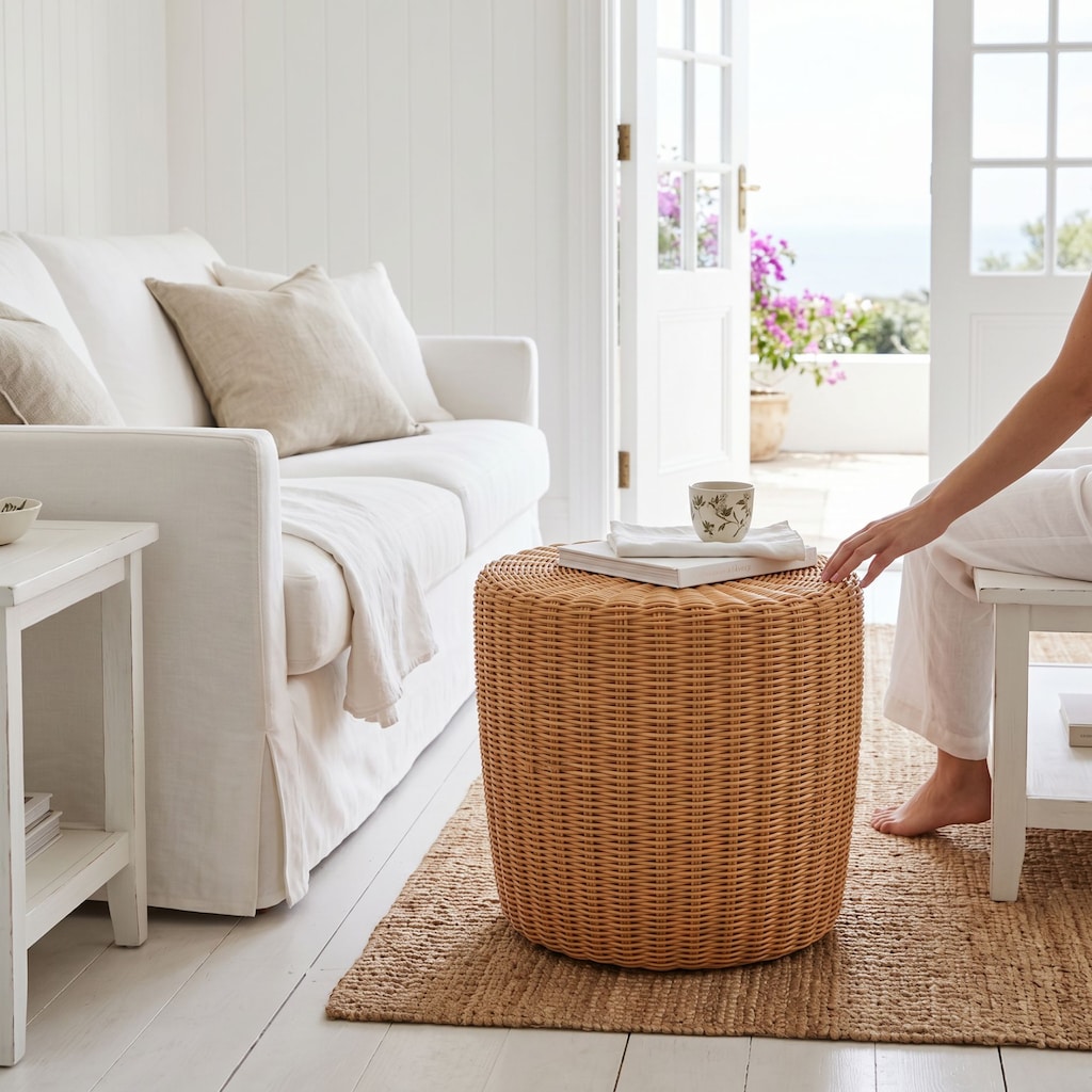 El Yapımı Rattan Sehpa ve Puf 35 cm – Sıfır - 3