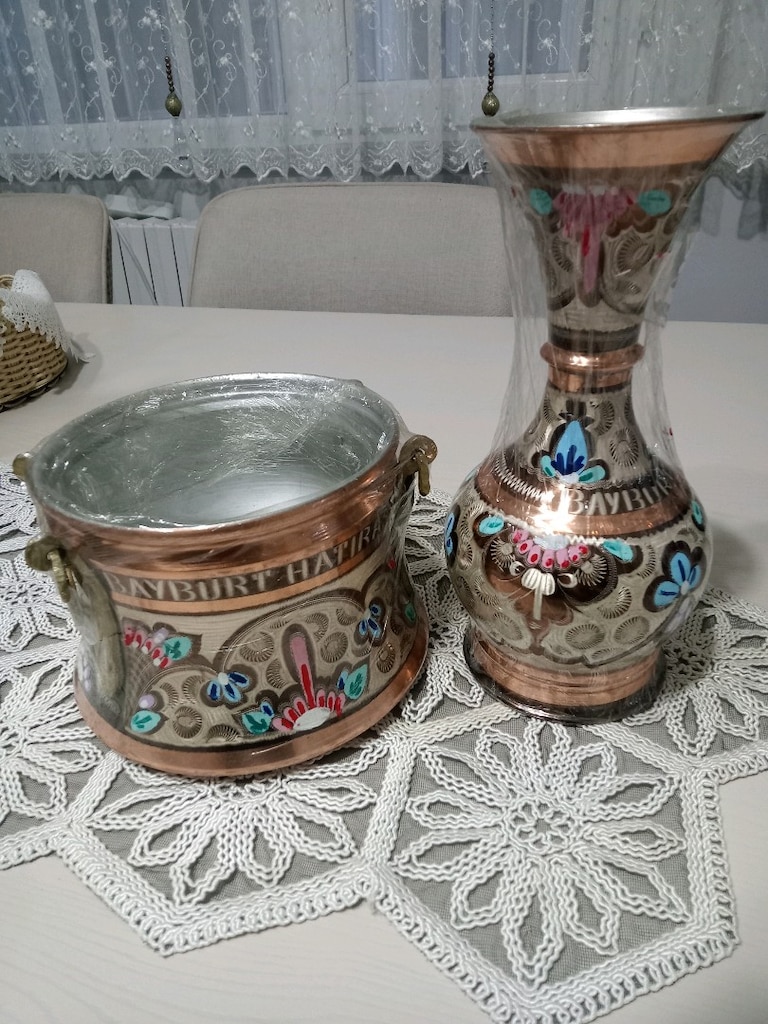 Bakır işlemeli vazo ve kulplu yoğurt bakracı - 2