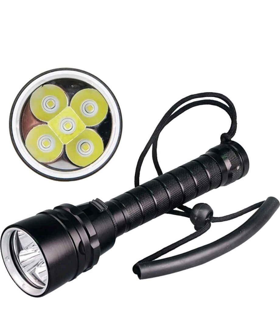 100 m SUYA DAYANIKLI 8000 LUMEN CIFT PİLLİ DALGIC EL FENERI 5 LEDLI