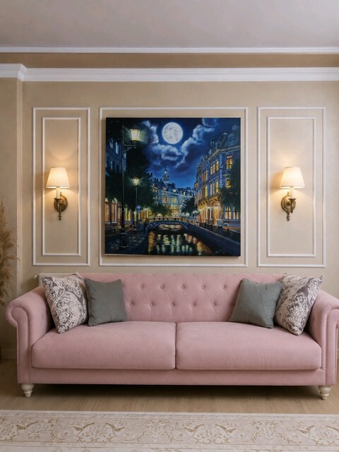 El Yapımı Yağlı Boya Tablo – 95×95 cm – Gece Şehir Manzarası