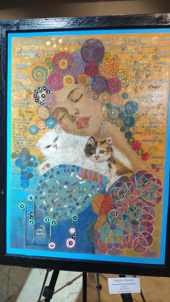 El Yapımı Orijinal Büyük Boy Tablo - 80x60 cm Kedili Portre